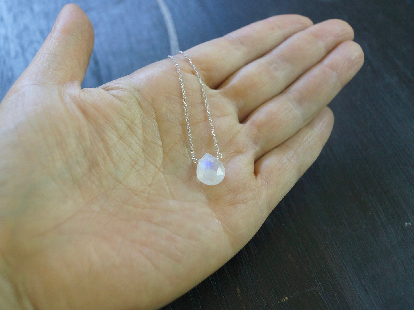 14k solid gold : Rainbow Moonstone Solitaire Necklace, Christmas Gift, Moonstone Teardrop Pendant, Layered choker, Dainty, Rose Gold