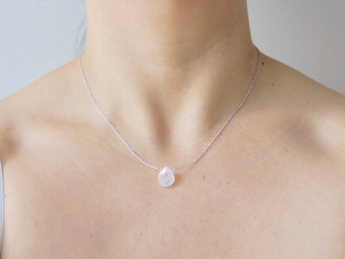 14k solid gold : Rainbow Moonstone Solitaire Necklace, Christmas Gift, Moonstone Teardrop Pendant, Layered choker, Dainty, Rose Gold