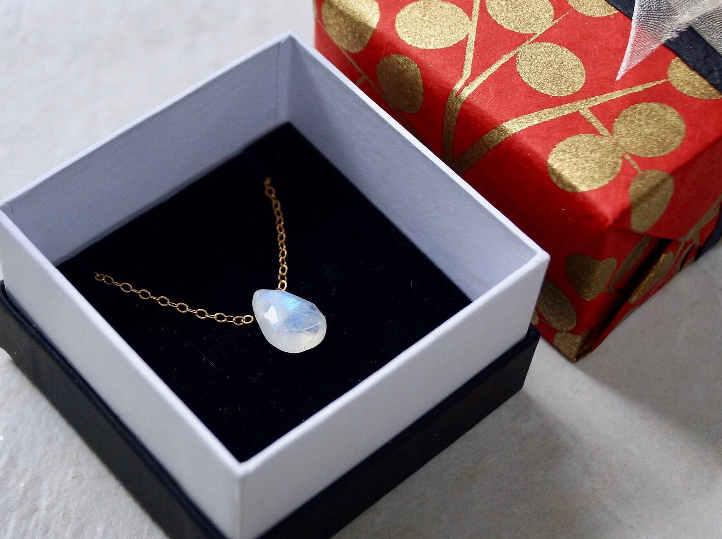 14k solid gold : Rainbow Moonstone Solitaire Necklace, Christmas Gift, Moonstone Teardrop Pendant, Layered choker, Dainty, Rose Gold