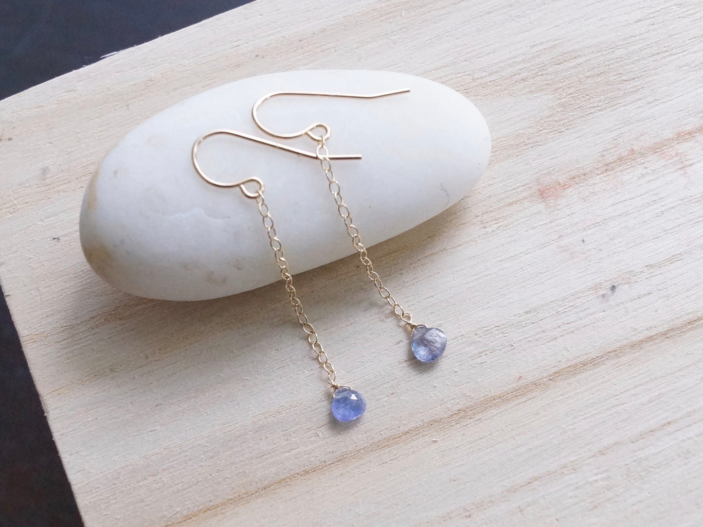 14K Solid Gold: 3mm Tiny Tanzanite Earrings, Royal Blue Crystal, Small Stone Long Earrings, Minimalist Dangle Earrings, Drop Earrings