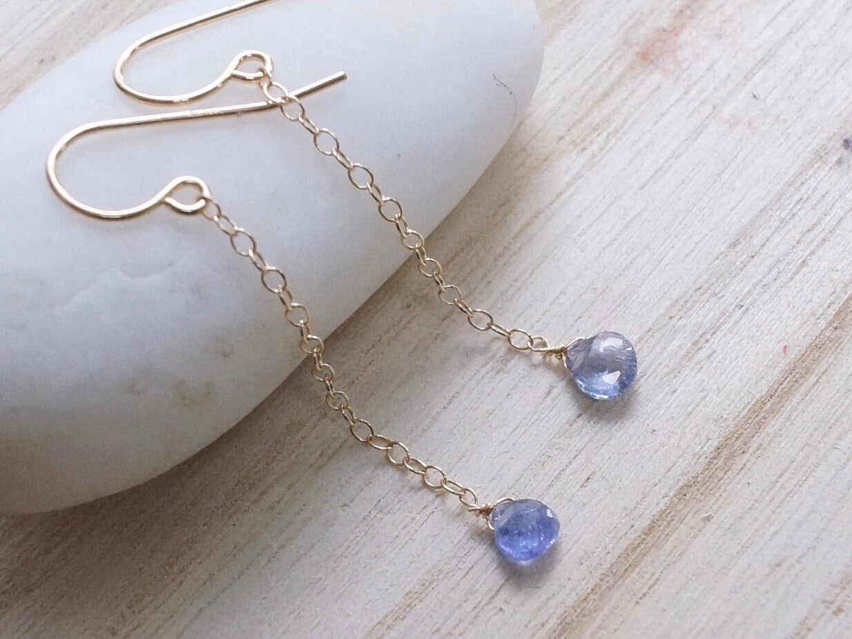 14K Solid Gold: 3mm Tiny Tanzanite Earrings, Royal Blue Crystal, Small Stone Long Earrings, Minimalist Dangle Earrings, Drop Earrings