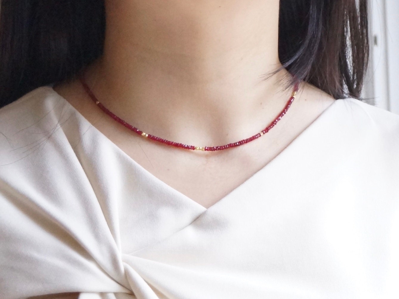 14K: Ruby Necklace | 2.5mm | 3mm | July Birthstone | Delicate Beaded Ruby | Dainty | Skinny | Minimalist | Fine Jewelry| Solid Gold