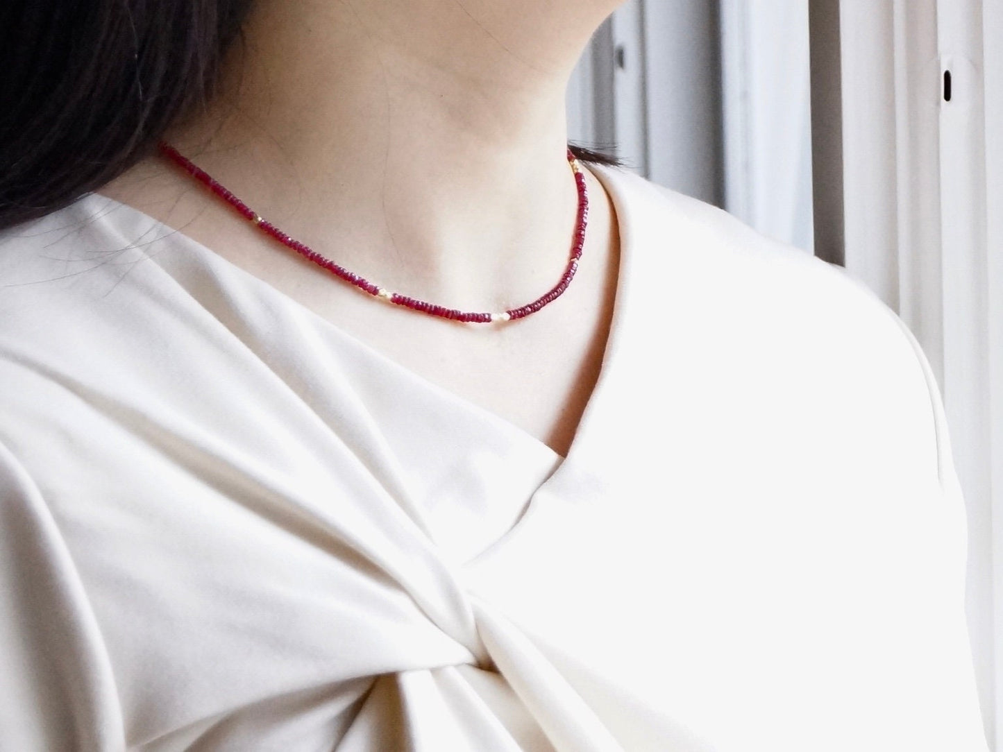 14K: Ruby Necklace | 2.5mm | 3mm | July Birthstone | Delicate Beaded Ruby | Dainty | Skinny | Minimalist | Fine Jewelry| Solid Gold