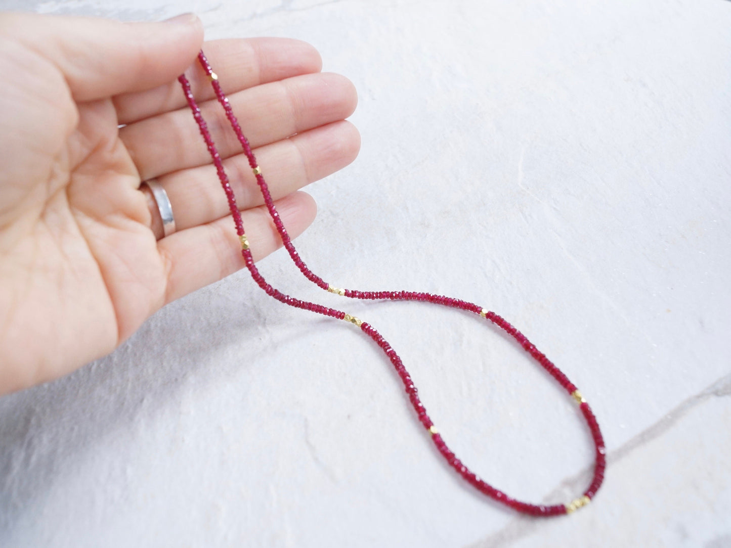 14K: Ruby Necklace | 2.5mm | 3mm | July Birthstone | Delicate Beaded Ruby | Dainty | Skinny | Minimalist | Fine Jewelry| Solid Gold