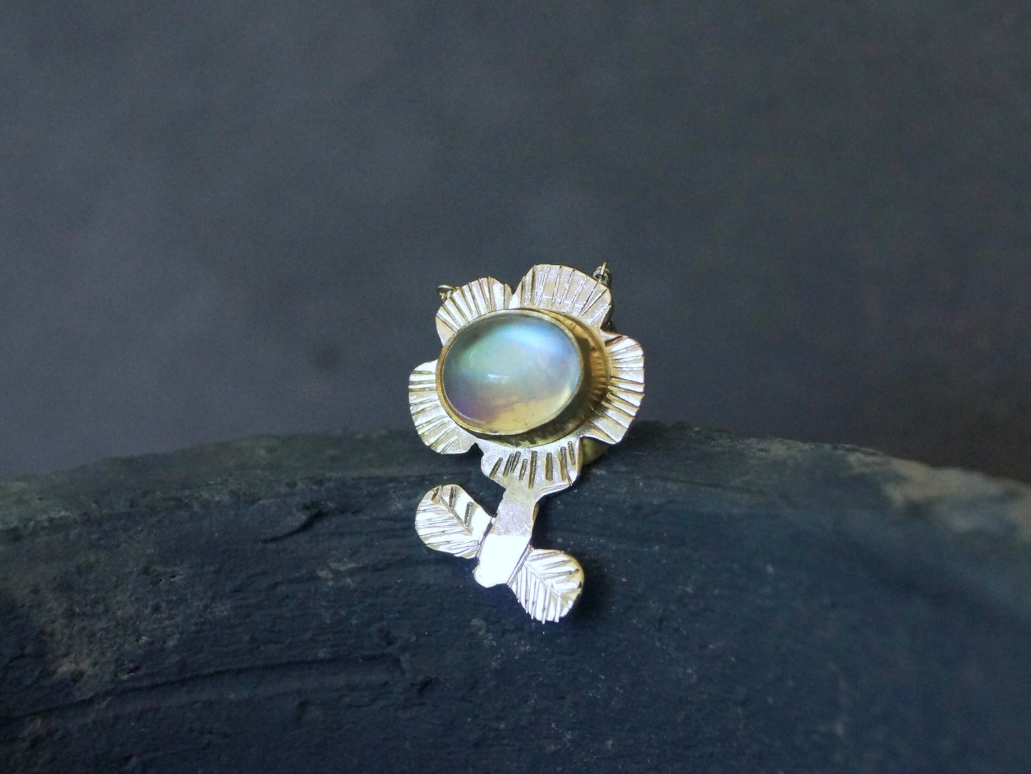 Rainbow Moonstone Necklace, 22K & 14K Solid Gold, Flower Motif Pendant, Artisan Bezel,  Engraved Pendant, Layering Necklace