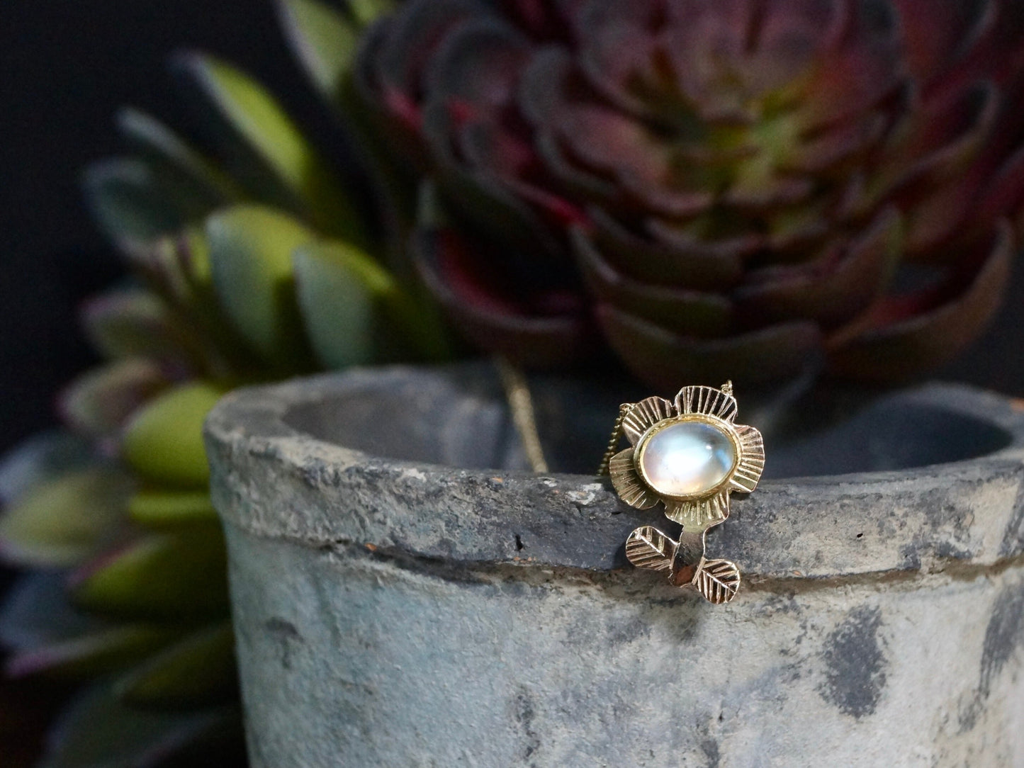 Rainbow Moonstone Necklace, 22K & 14K Solid Gold, Flower Motif Pendant, Artisan Bezel,  Engraved Pendant, Layering Necklace