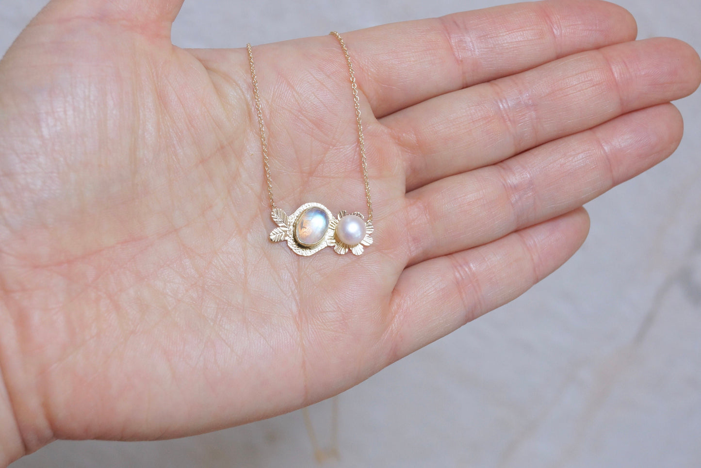 Rainbow Moonstone & Pearl Pendant Necklace, 22K, 14K Solid Gold, Artisan Handcrafted, June Birthstone, Fine Jewelry, Dainty Pendant