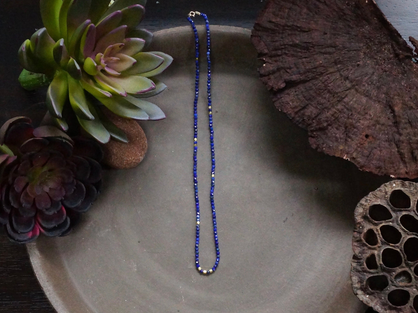 14K Solid Gold: Lapis Lazuli Beaded Necklace, Simple Layer Lapis Choker, Dainty Navy Blue Gemstone Necklace, Fine Jewelry, Minimalist