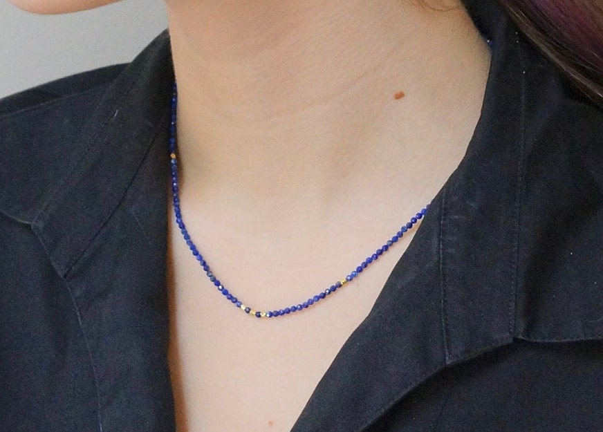 14K Solid Gold: Lapis Lazuli Beaded Necklace, Simple Layer Lapis Choker, Dainty Navy Blue Gemstone Necklace, Fine Jewelry, Minimalist