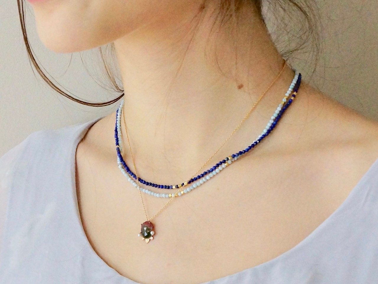 14K Solid Gold: Lapis Lazuli Beaded Necklace, Simple Layer Lapis Choker, Dainty Navy Blue Gemstone Necklace, Fine Jewelry, Minimalist