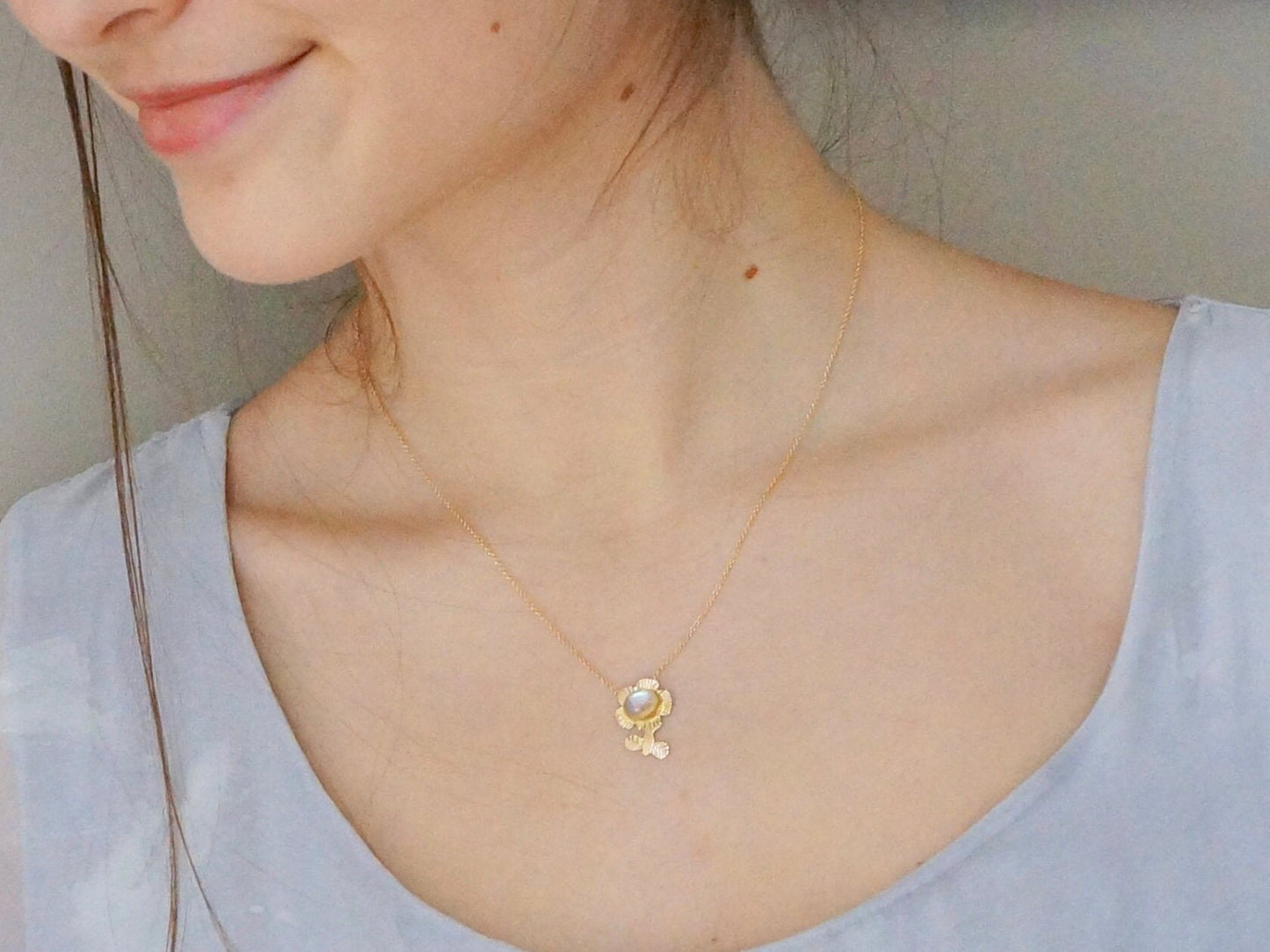 Rainbow Moonstone Necklace, 22K & 14K Solid Gold, Flower Motif Pendant, Artisan Bezel,  Engraved Pendant, Layering Necklace