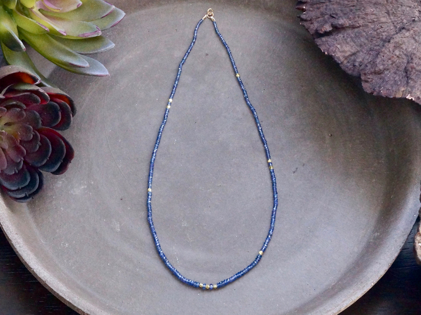 14k Solid Gold: Blue Sapphire Necklace, September Birthstone, Layered Necklace, Choker, Ultra Skinny Necklace, Delicate Beaded Gemstone