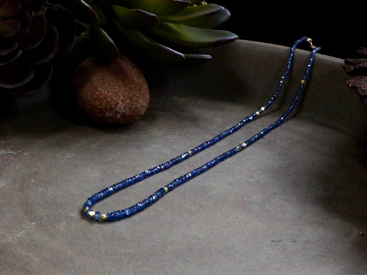 14k Solid Gold: Blue Sapphire Necklace, September Birthstone, Layered Necklace, Choker, Ultra Skinny Necklace, Delicate Beaded Gemstone