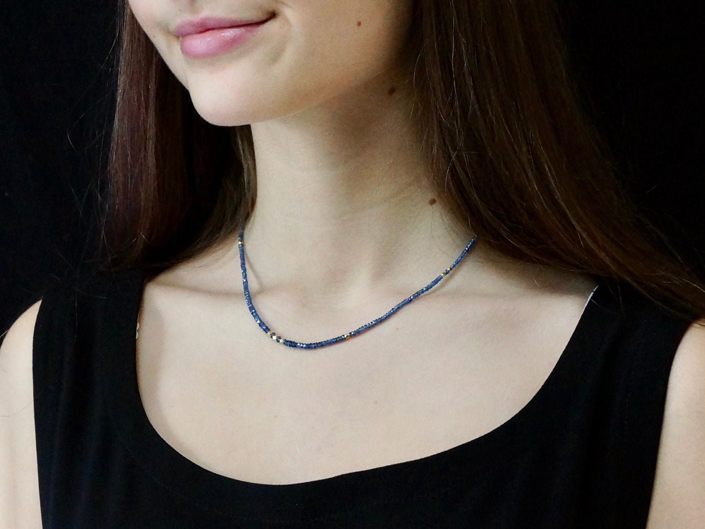 14k Solid Gold: Blue Sapphire Necklace, September Birthstone, Layered Necklace, Choker, Ultra Skinny Necklace, Delicate Beaded Gemstone