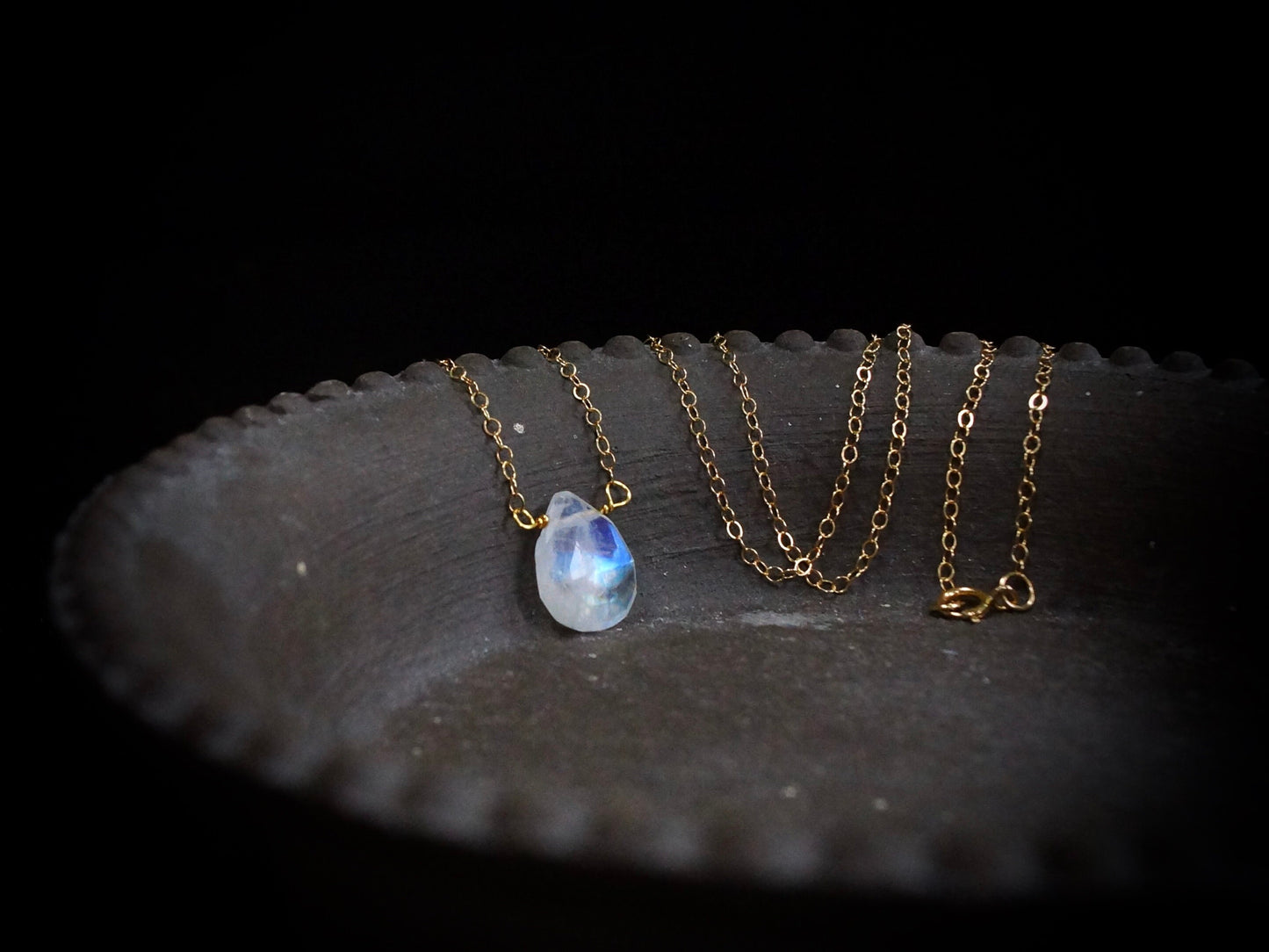 14k solid gold : Rainbow Moonstone Solitaire Necklace, Christmas Gift, Moonstone Teardrop Pendant, Layered choker, Dainty, Rose Gold