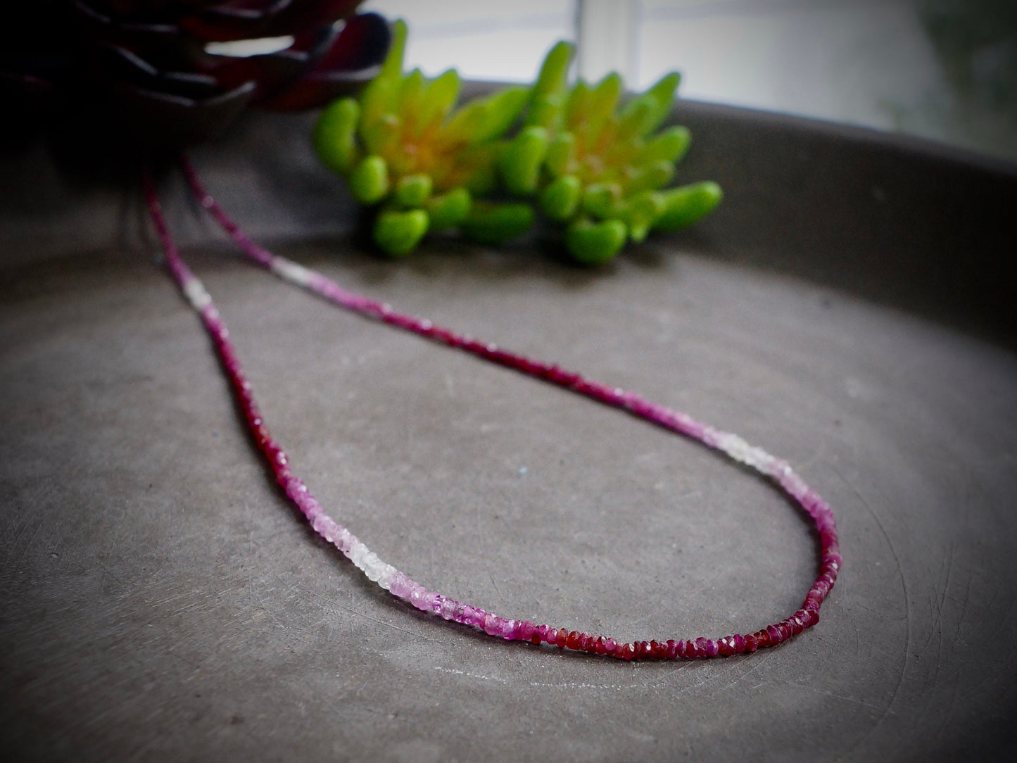 14K Solid Gold: Ombre Shaded Ruby Necklace, Very Skinny Beaded Necklace, October Birthstone, Red Ruby Fine Jewelry