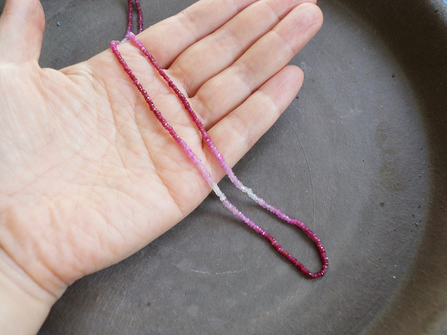 14K Solid Gold: Ombre Shaded Ruby Necklace, Very Skinny Beaded Necklace, October Birthstone, Red Ruby Fine Jewelry