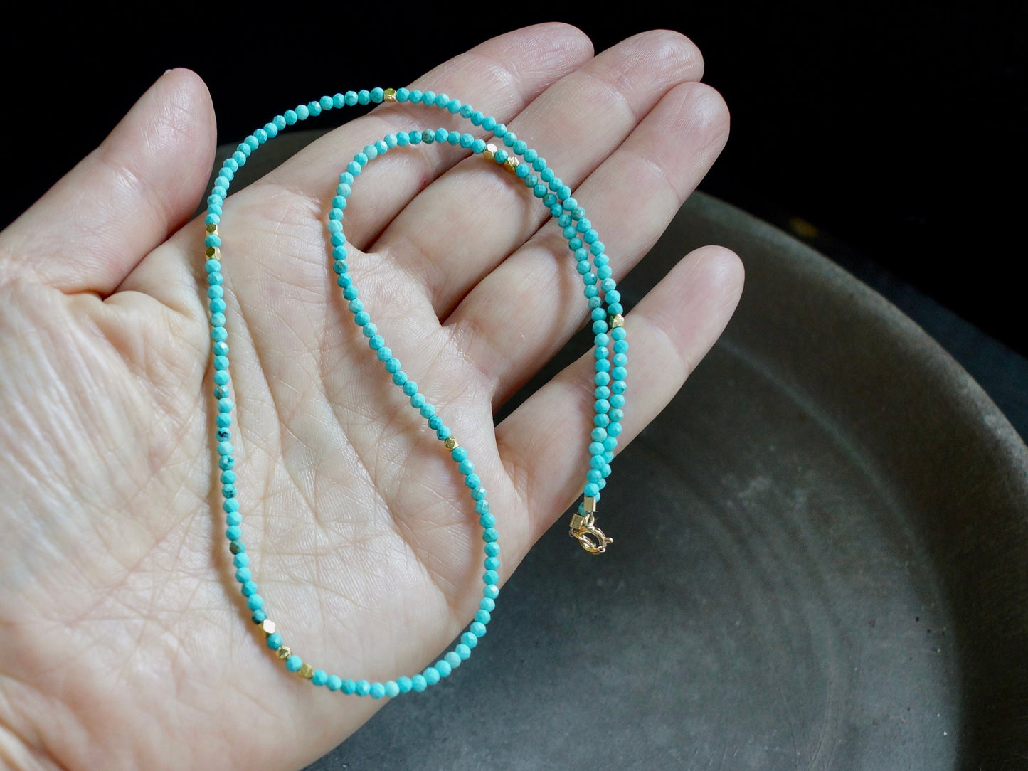 14K Solid Gold: Turquoise Beaded Necklace| 2.5mm | Simple Layer Turquoise | Dainty Very Thin Gemstone | Sleeping Beauty