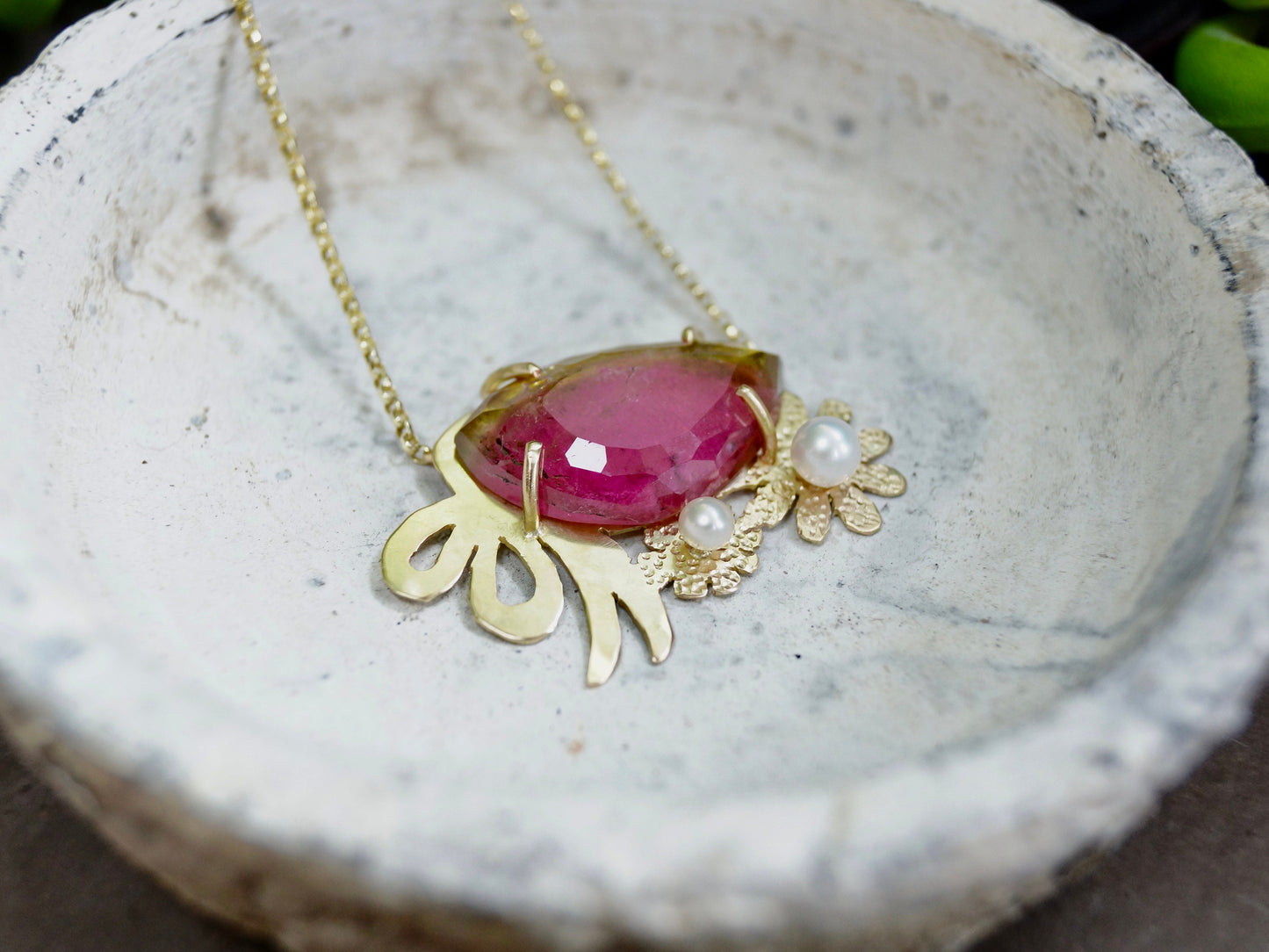 Watermelon Tourmaline Necklace, 14K Solid Gold, Natural Slice Tourmaline, October Birthstone, Fine Jewelry, Bicolor, Artisan Fine Jewelry