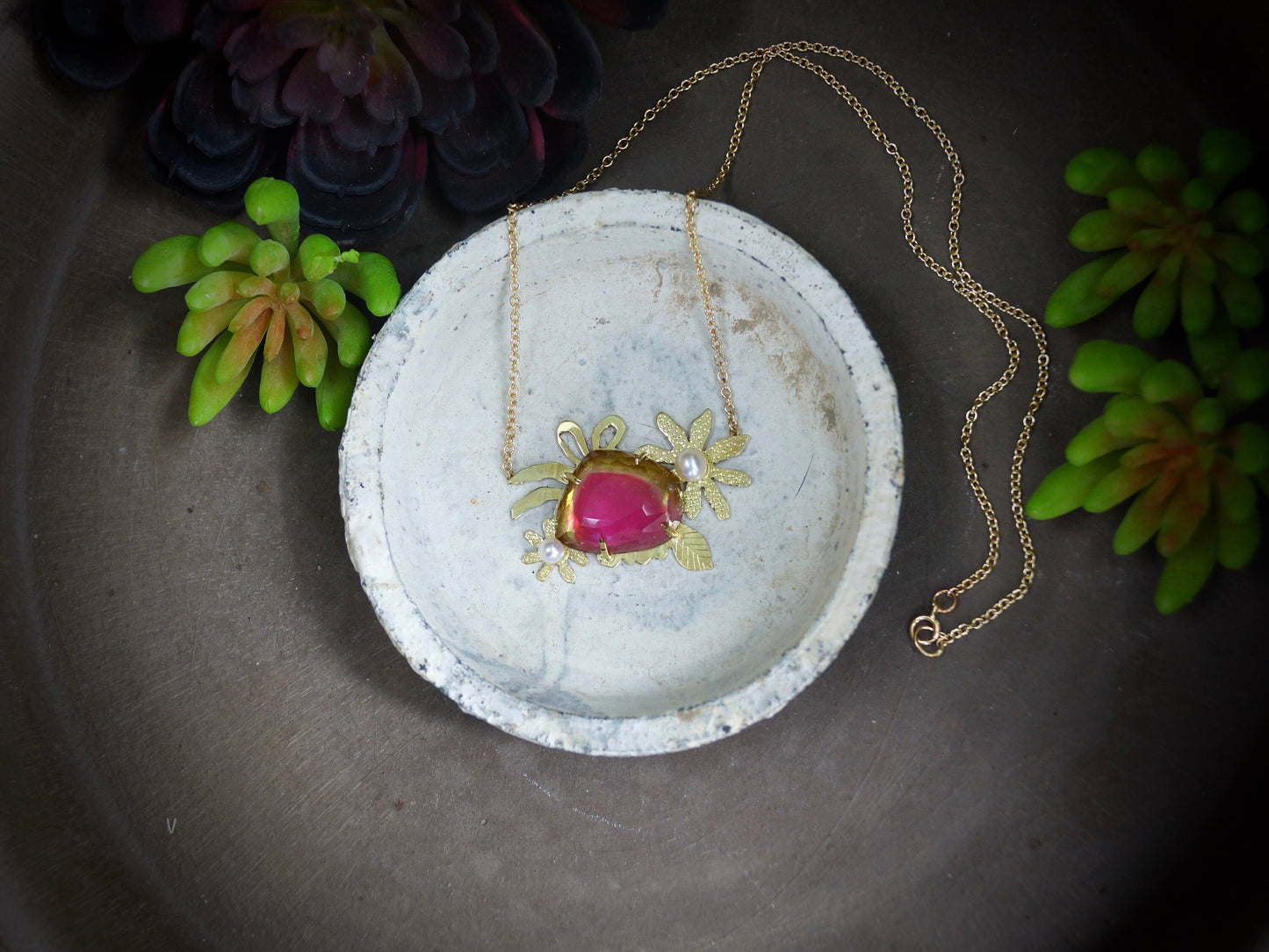 Watermelon Tourmaline Necklace, 14K Solid Gold, Natural Slice Tourmaline, October Birthstone, Fine Jewelry, Bicolor, Artisan Fine Jewelry