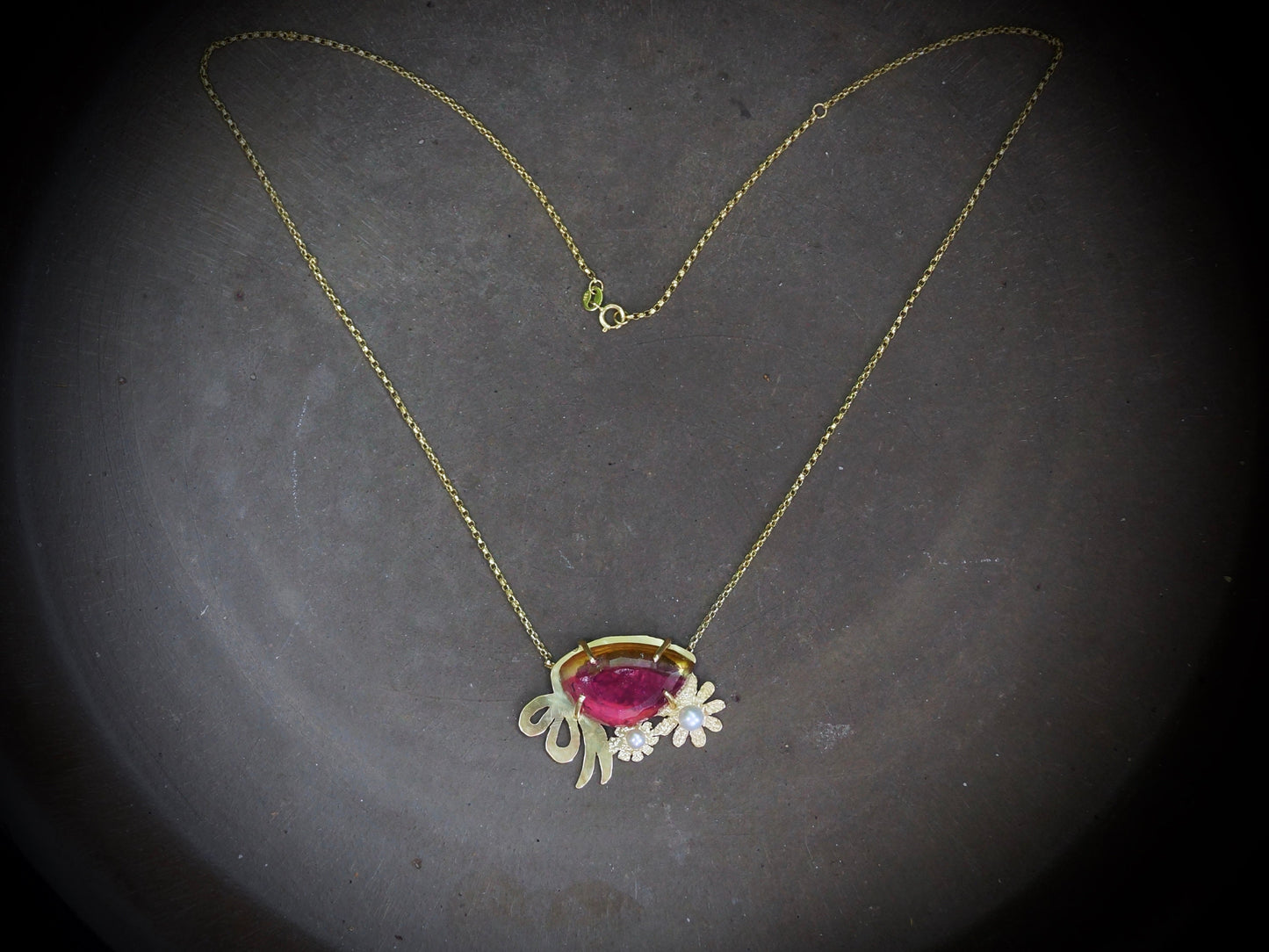 Watermelon Tourmaline Necklace, 14K Solid Gold, Natural Slice Tourmaline, October Birthstone, Fine Jewelry, Bicolor, Artisan Fine Jewelry