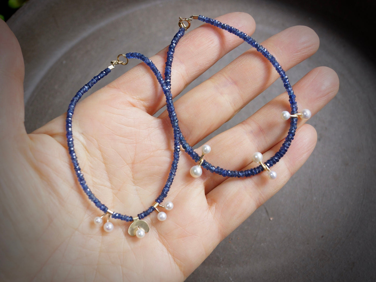 14k Solid Gold: Blue Sapphire and Pearl Bracelet, September Birthstone, Fine Jewelry Artisan, layering, Skinny, Delicate Beaded Bracelet