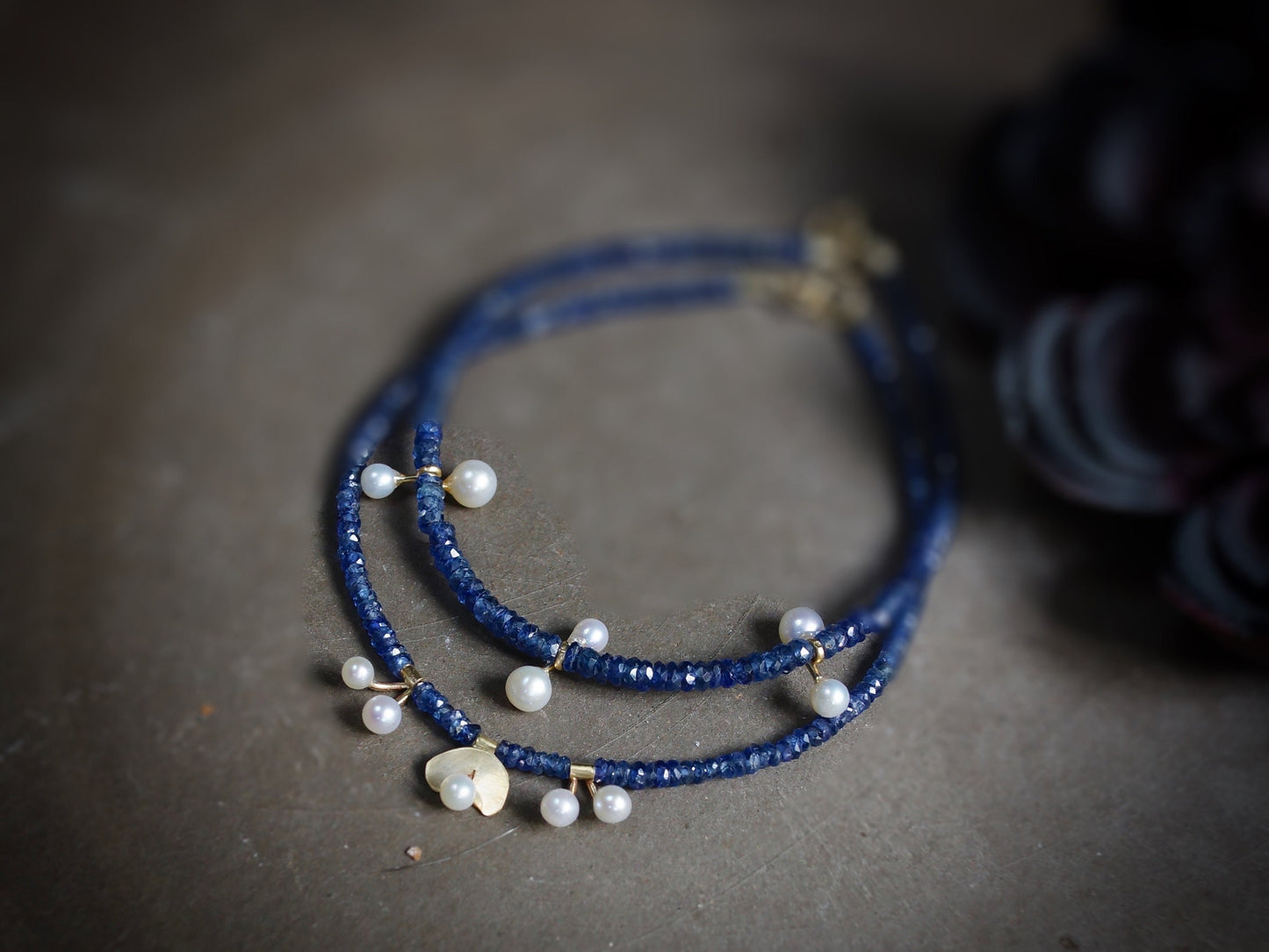 14k Solid Gold: Blue Sapphire and Pearl Bracelet, September Birthstone, Fine Jewelry Artisan, layering, Skinny, Delicate Beaded Bracelet