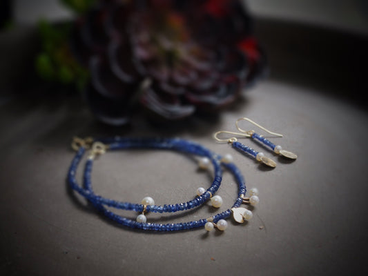 14k Solid Gold: Blue Sapphire and Pearl Bracelet, September Birthstone, Fine Jewelry Artisan, layering, Skinny, Delicate Beaded Bracelet