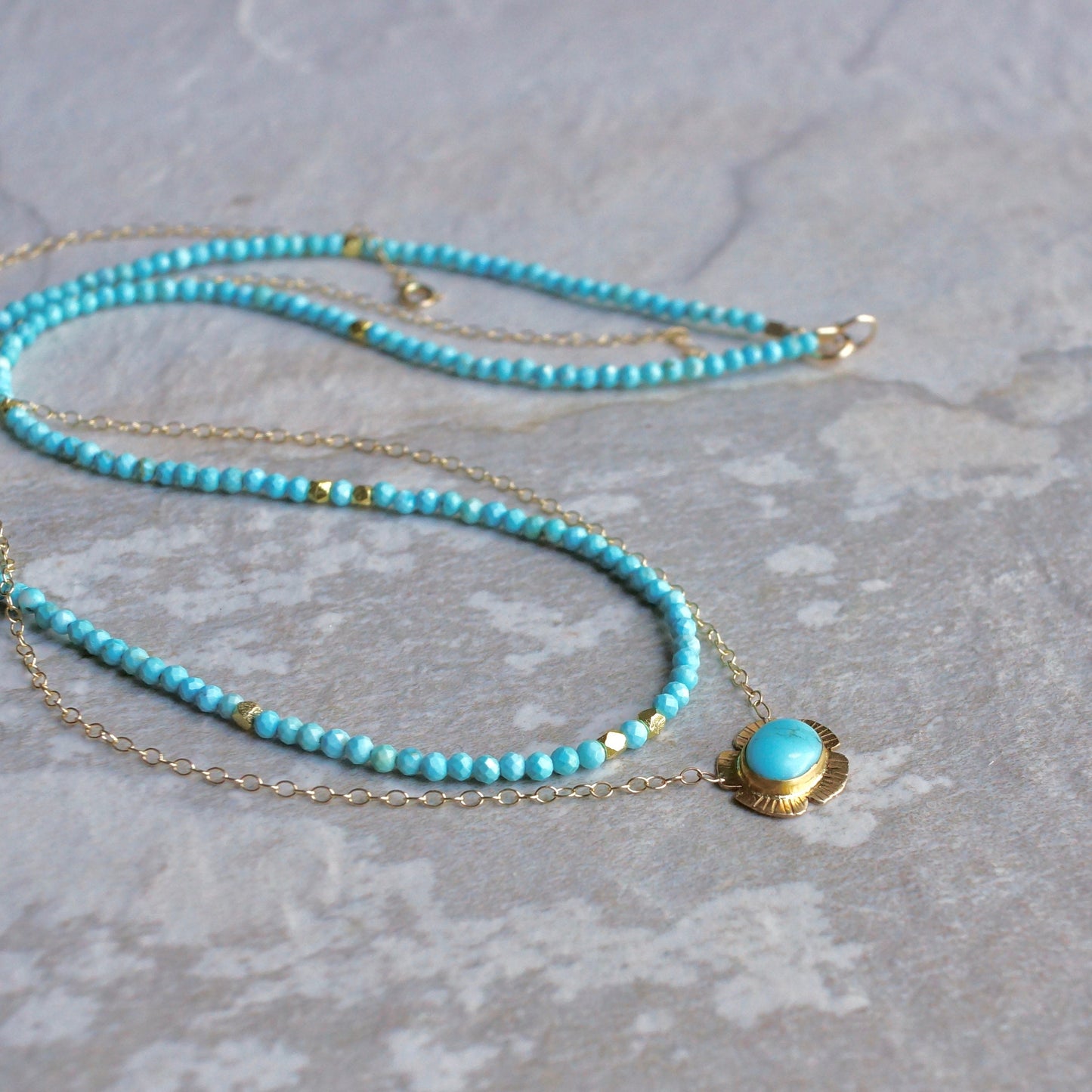 14K Solid Gold: Turquoise Beaded Necklace| 2.5mm | Simple Layer Turquoise | Dainty Very Thin Gemstone | Sleeping Beauty