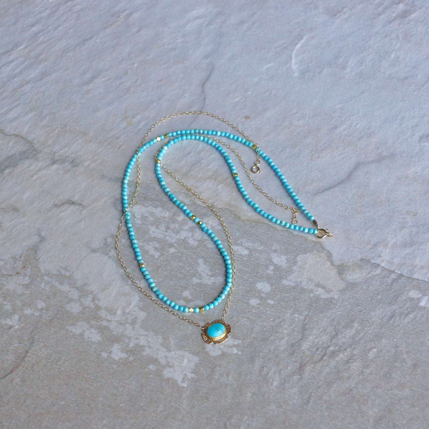 14K Solid Gold: Turquoise Beaded Necklace| 2.5mm | Simple Layer Turquoise | Dainty Very Thin Gemstone | Sleeping Beauty