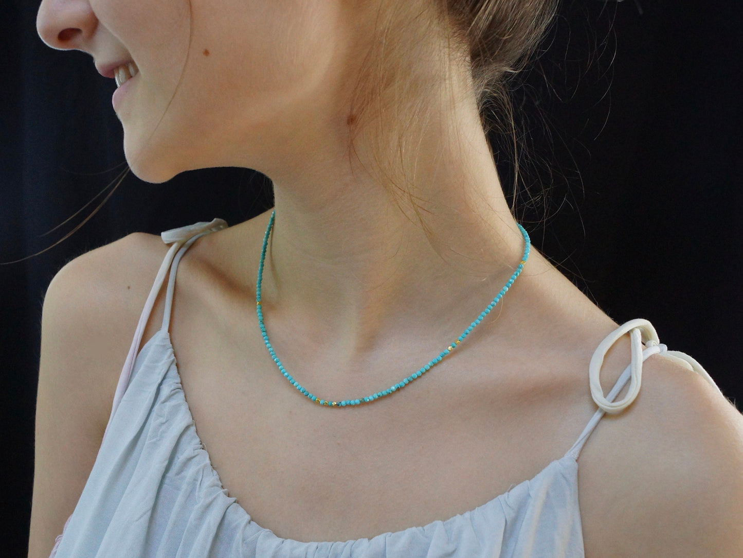 14K Solid Gold: Turquoise Beaded Necklace| 2.5mm | Simple Layer Turquoise | Dainty Very Thin Gemstone | Sleeping Beauty