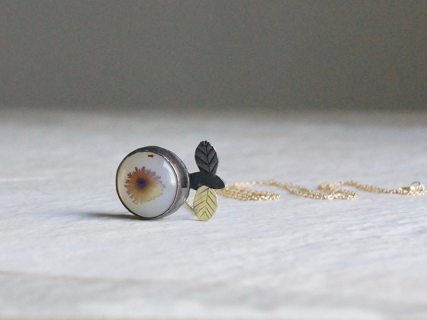 14K Solid Gold & Sterling Silver Dendritic Agate / Rustic Antique Finish | Evil Eye Jewelry / Dendritic Gemstone Pendant / Necklace /Artisan