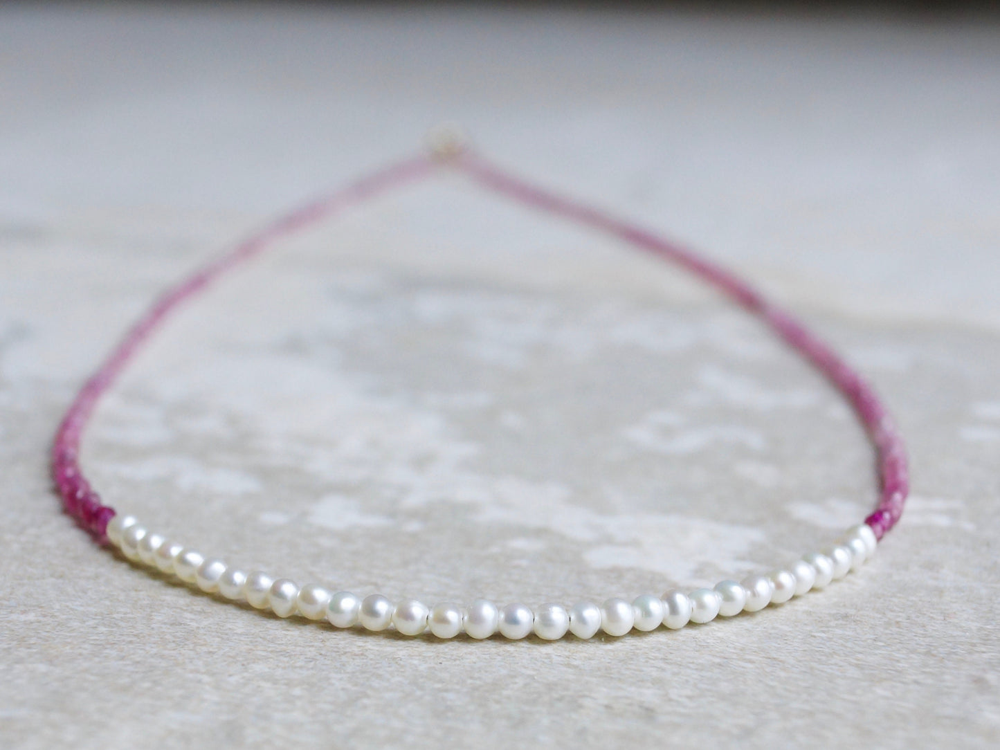 14K Solid Gold: Pink Tourmaline Beaded Necklace, Freshwater Pearl, October Birthstone, Skinny Gemstone Necklace, Layering Choker, Fine