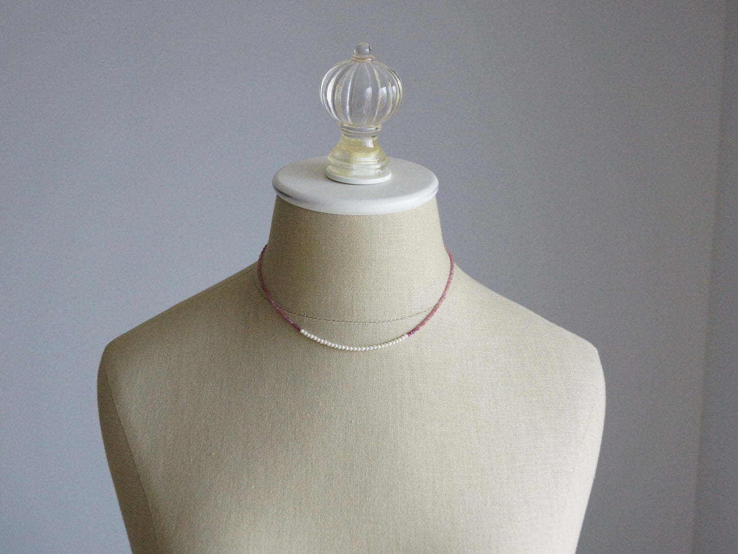 14K Solid Gold: Pink Tourmaline Beaded Necklace, Freshwater Pearl, October Birthstone, Skinny Gemstone Necklace, Layering Choker, Fine