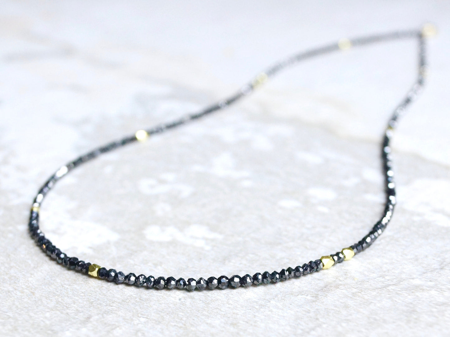 14K Solid Gold: Genuine Black Diamond Necklace, Choker, Real Natural Diamond, Skinny, Layering Choker, Beaded Precious Stone, Beaded Gold