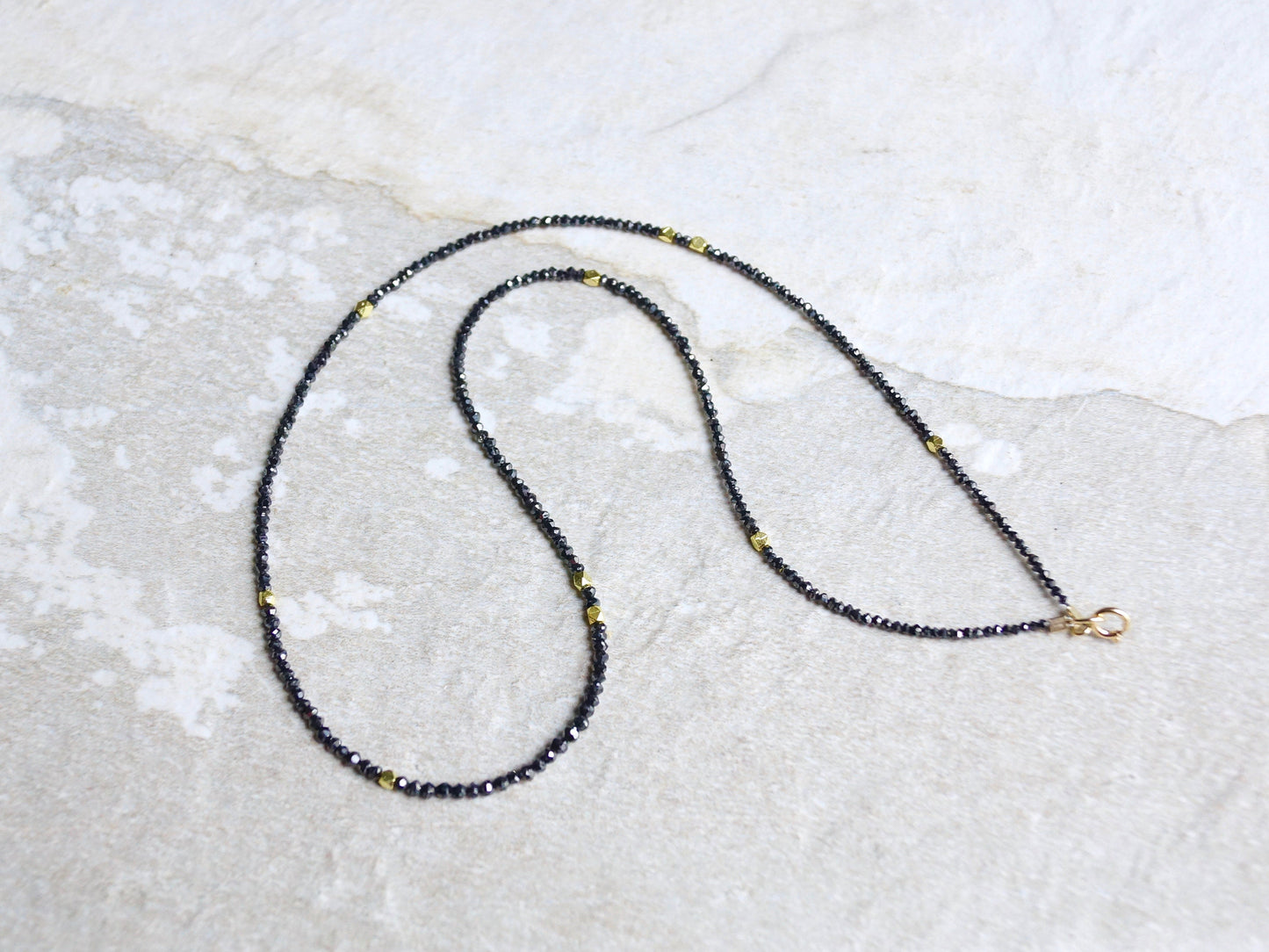 14K Solid Gold: Genuine Black Diamond Necklace, Choker, Real Natural Diamond, Skinny, Layering Choker, Beaded Precious Stone, Beaded Gold