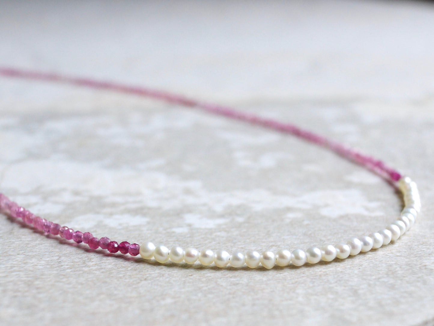 14K Solid Gold: Pink Tourmaline Beaded Necklace, Freshwater Pearl, October Birthstone, Skinny Gemstone Necklace, Layering Choker, Fine