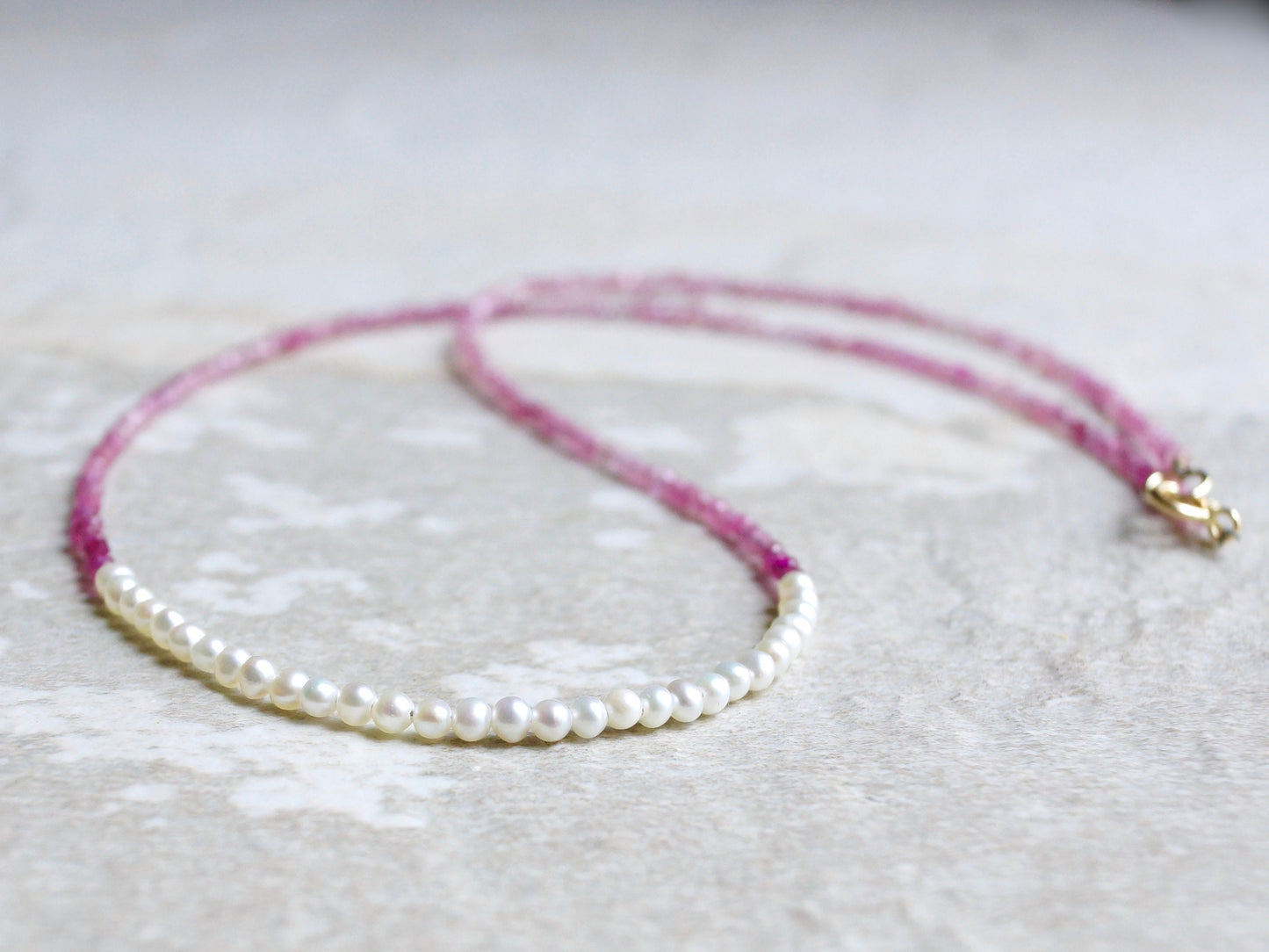 14K Solid Gold: Pink Tourmaline Beaded Necklace, Freshwater Pearl, October Birthstone, Skinny Gemstone Necklace, Layering Choker, Fine