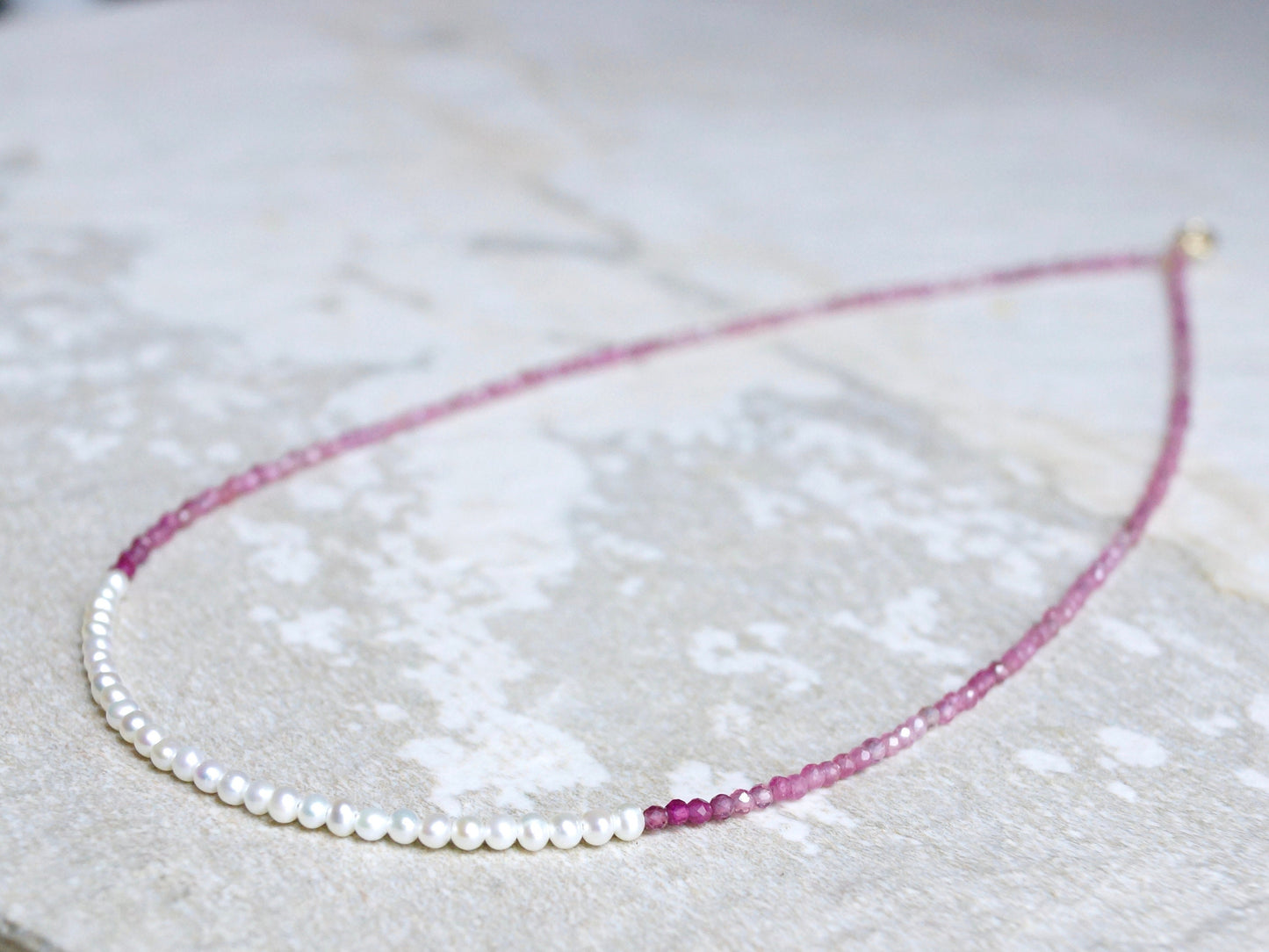 14K Solid Gold: Pink Tourmaline Beaded Necklace, Freshwater Pearl, October Birthstone, Skinny Gemstone Necklace, Layering Choker, Fine