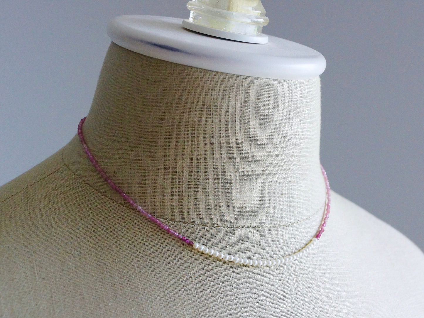 14K Solid Gold: Pink Tourmaline Beaded Necklace, Freshwater Pearl, October Birthstone, Skinny Gemstone Necklace, Layering Choker, Fine