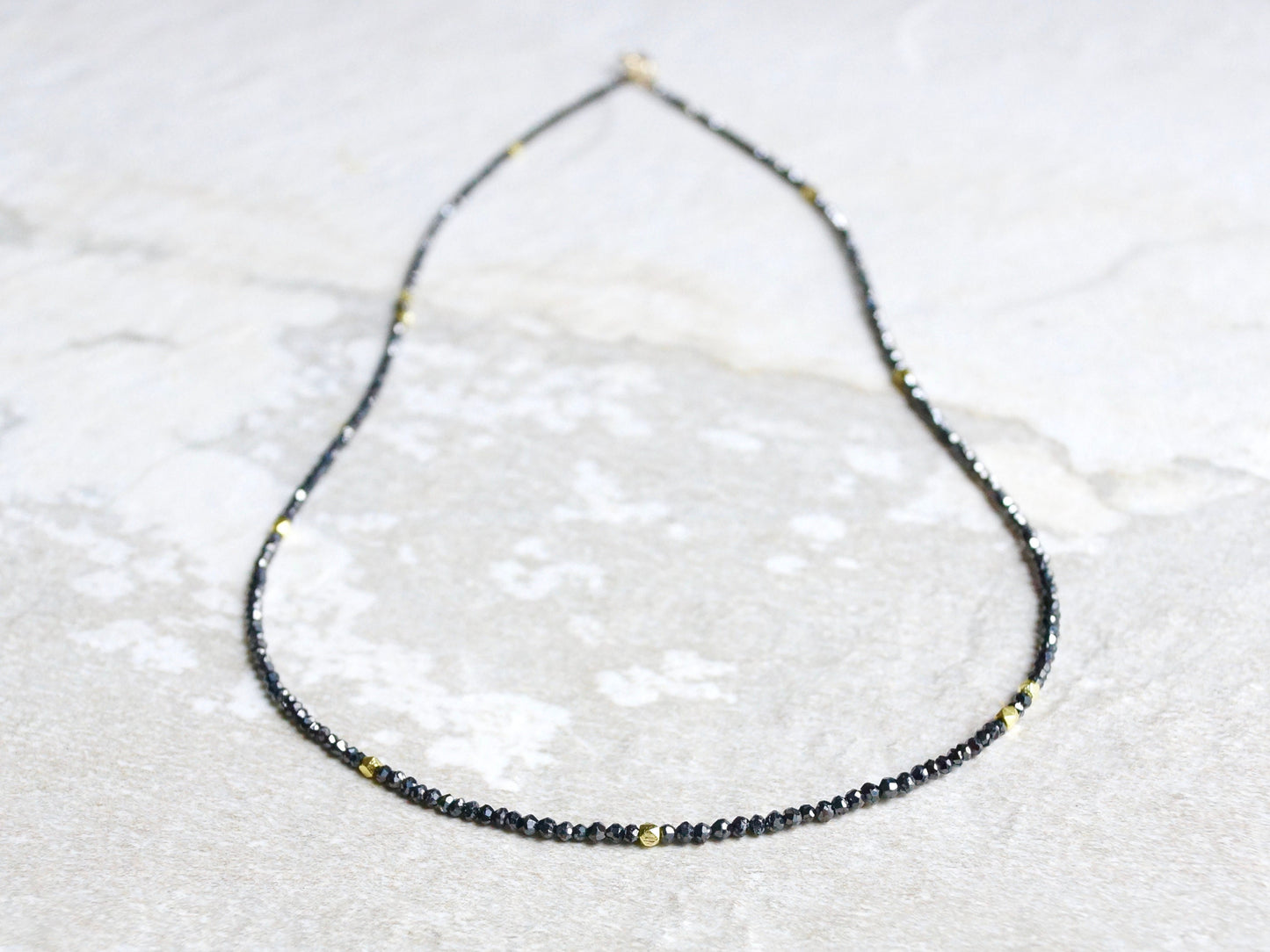 14K Solid Gold: Genuine Black Diamond Necklace, Choker, Real Natural Diamond, Skinny, Layering Choker, Beaded Precious Stone, Beaded Gold