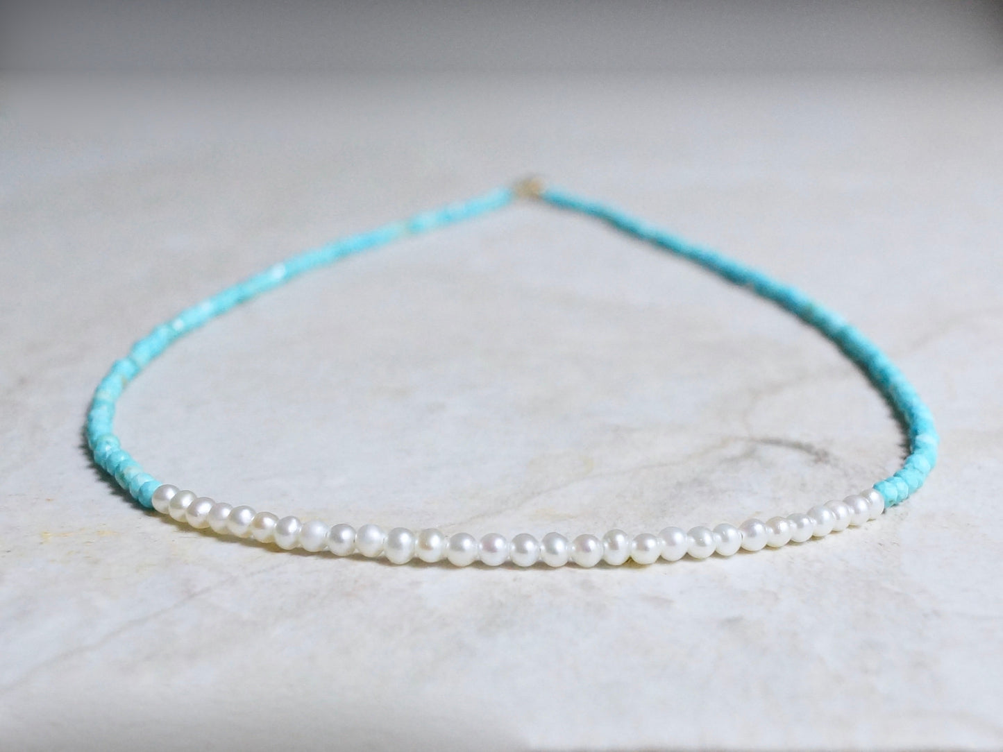 14K Solid Gold: Turquoise and Pearl Beaded Necklace, Simple Layer Turquoise, Dainty Very Thin Gemstone Necklace, 2mm, Fine Jewelry