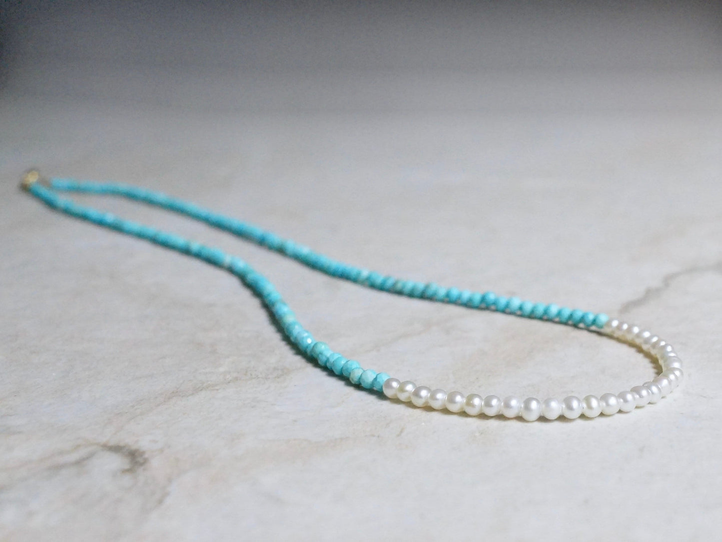 14K Solid Gold: Turquoise and Pearl Beaded Necklace, Simple Layer Turquoise, Dainty Very Thin Gemstone Necklace, 2mm, Fine Jewelry