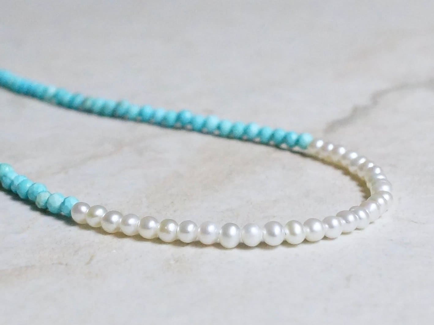 14K Solid Gold: Turquoise and Pearl Beaded Necklace, Simple Layer Turquoise, Dainty Very Thin Gemstone Necklace, 2mm, Fine Jewelry