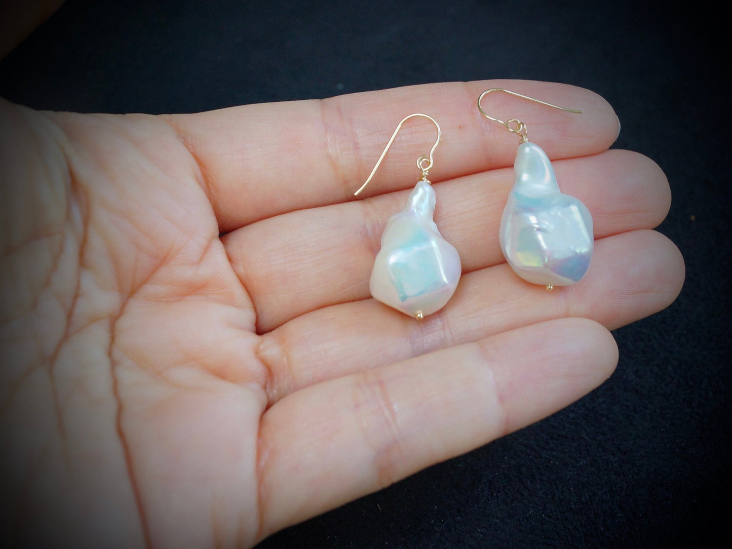 14k Solid Gold: Baroque Pearl Dangle Earrings, Big Freshwater Pearl Earrings