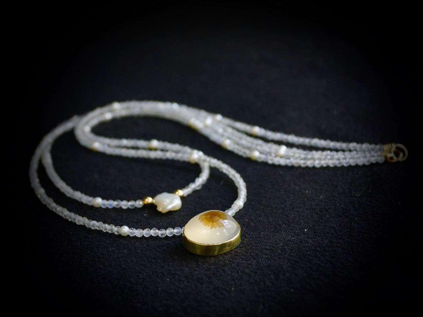 Solid Gold:Dendritic Agate Necklace, Beaded Freshwater Pearl Necklace, Dendrite Quartz, Flower, Skinny Necklace