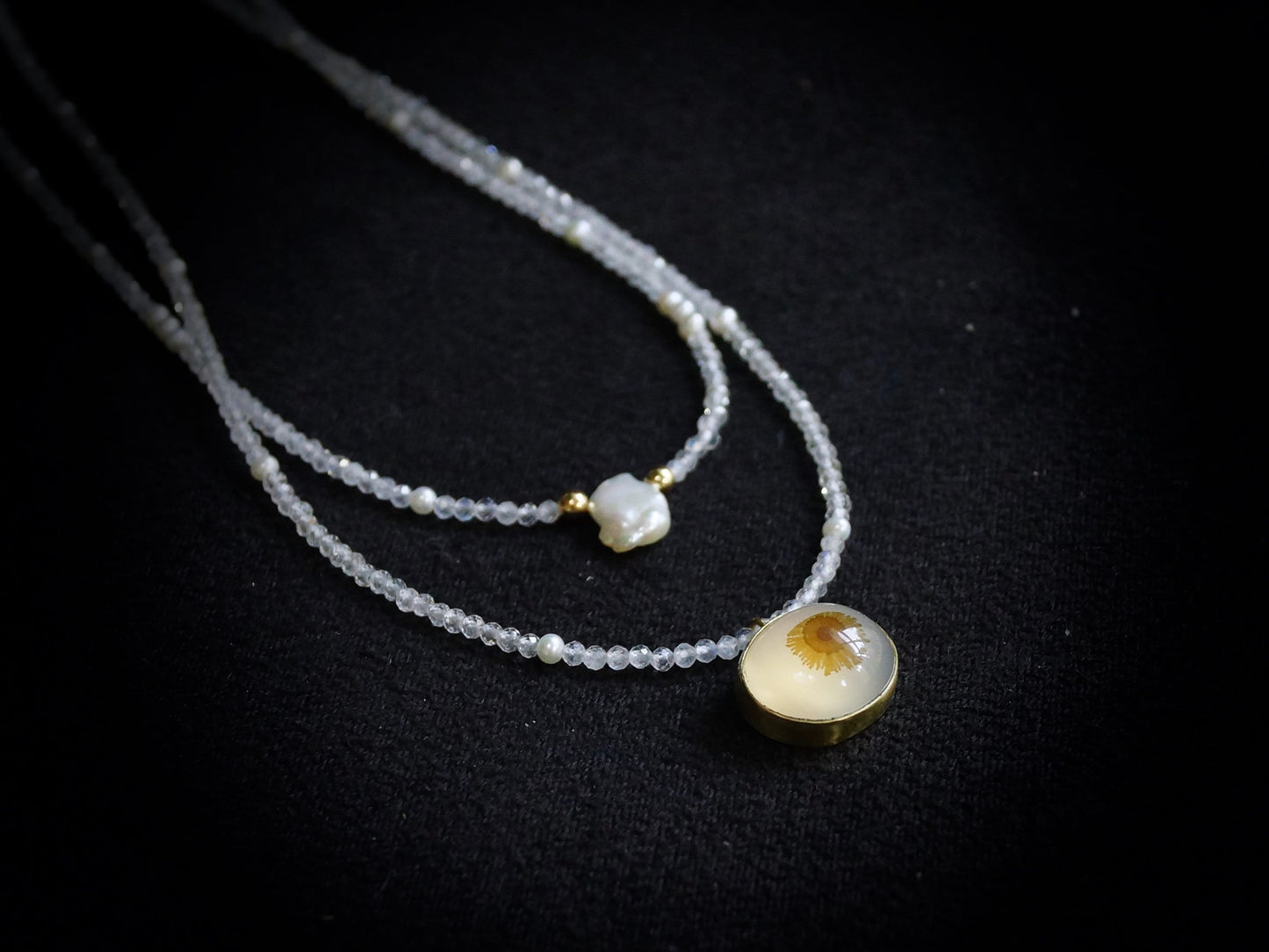 Solid Gold:Dendritic Agate Necklace, Beaded Freshwater Pearl Necklace, Dendrite Quartz, Flower, Skinny Necklace