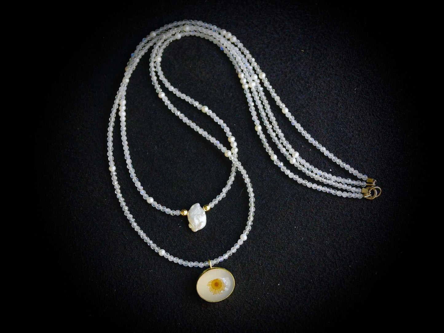 Solid Gold:Dendritic Agate Necklace, Beaded Freshwater Pearl Necklace, Dendrite Quartz, Flower, Skinny Necklace