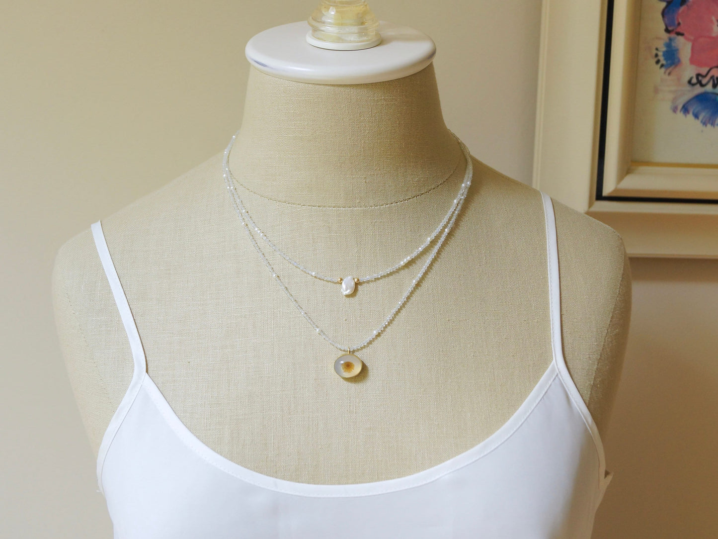 Solid Gold:Dendritic Agate Necklace, Beaded Freshwater Pearl Necklace, Dendrite Quartz, Flower, Skinny Necklace