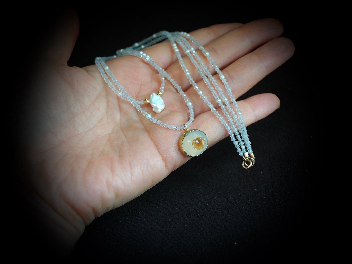 Solid Gold:Dendritic Agate Necklace, Beaded Freshwater Pearl Necklace, Dendrite Quartz, Flower, Skinny Necklace